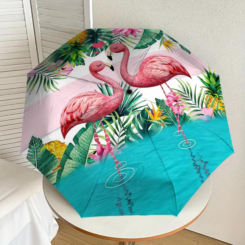 1pc Flamingo Tropical Automatic Folding Umbrella, Heavy Duty 8 Rib Iron Frame,  Suitable for Travel, Daily Use, Birthday, Decor Gift m0104045