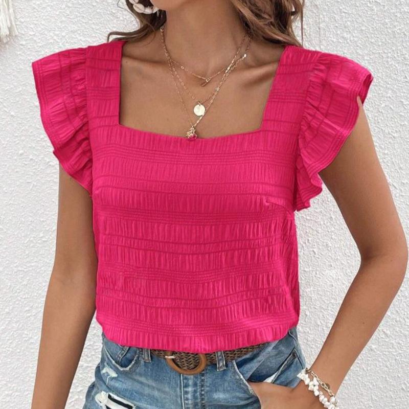 Spring and Summer New Square Neck Ruffled Women Shirt Tops Elegant Slim Fit Solid Flying Sleeve Blouse Women Loose Casual Shirts Female Clothing 26486