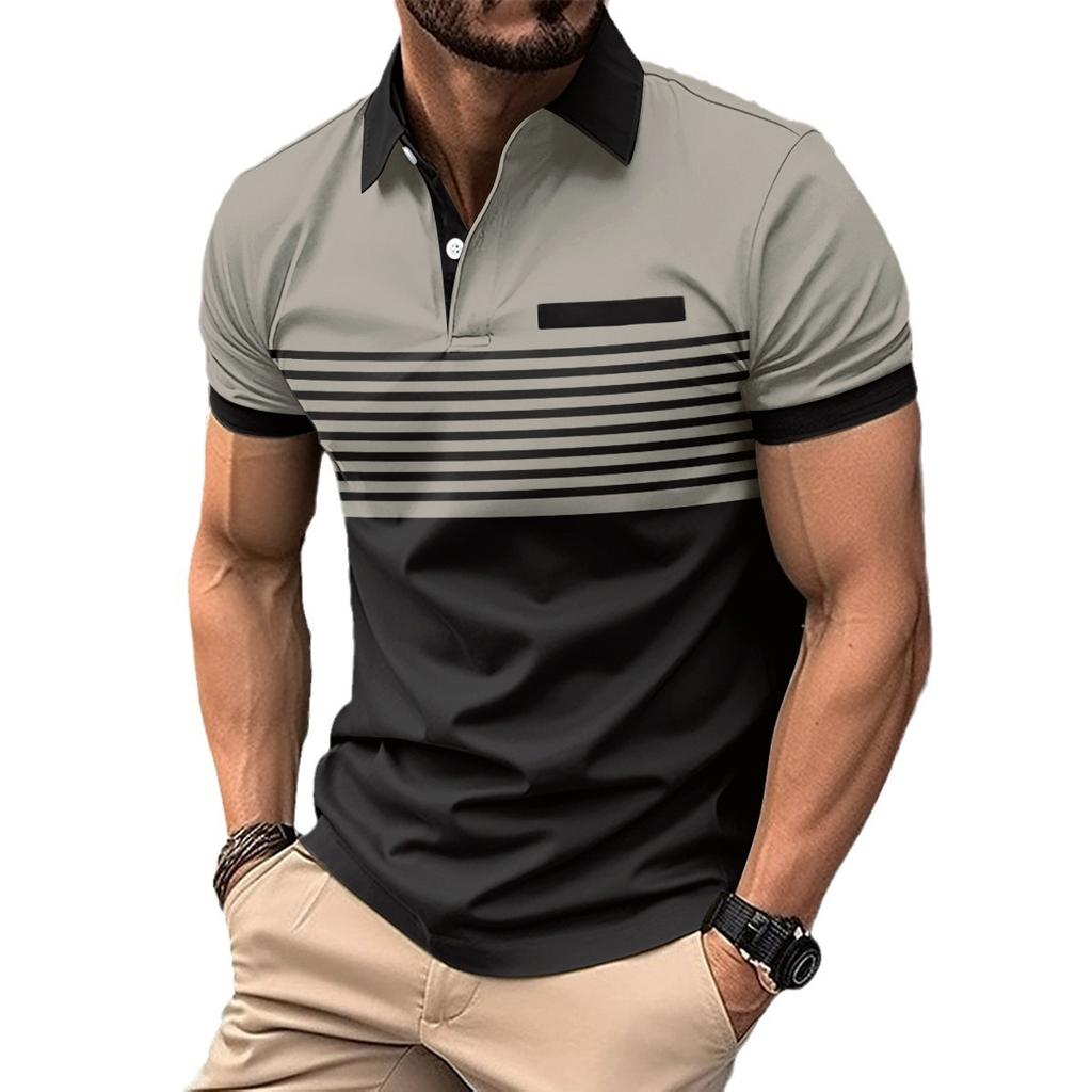 Print Stripe Polo Shirt Men Slim Fit Business Casual Turn-down Collar Polo Shirt Tops