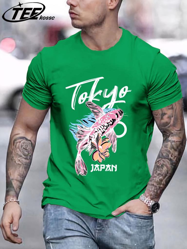 Tokyo Japan Flower Koi Print Men T Shirts Hip Hop AllMatch Short Sleeve Cotton Summer Clothes Casual Oversize Trendy Sportswear