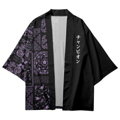 Männer Japanischer Buchstabe Cardigan Schal Print Splicing Kimono Cashew Trend Street Flowers Halbarmhemd