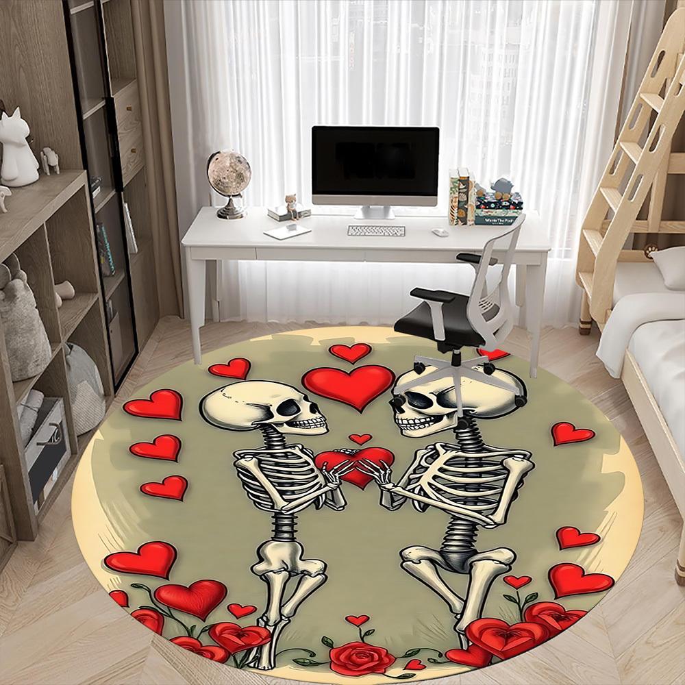 1pc Love Skeletons Office Round Area Rug, Indoor Mat Suitable ForOffice, Under Office Chairs Bedroom Living Room Home Decor, D128