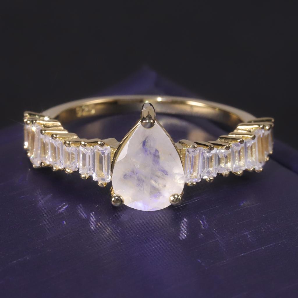 Unique Design  Exquisite Baguette Cz Size Stones Natural Faceted Moonstone 925 Silver Wedding Simple Rings Gold Plated