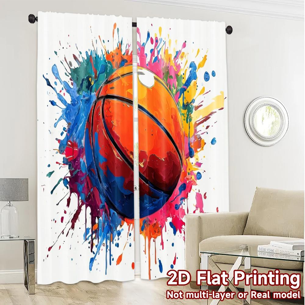 2pcs, 2D FLAT PRINTING Curtains (Without Rod) Splash Hoops Popular Print Curtains Versatile Fabric Curtains All Seasons Perfect