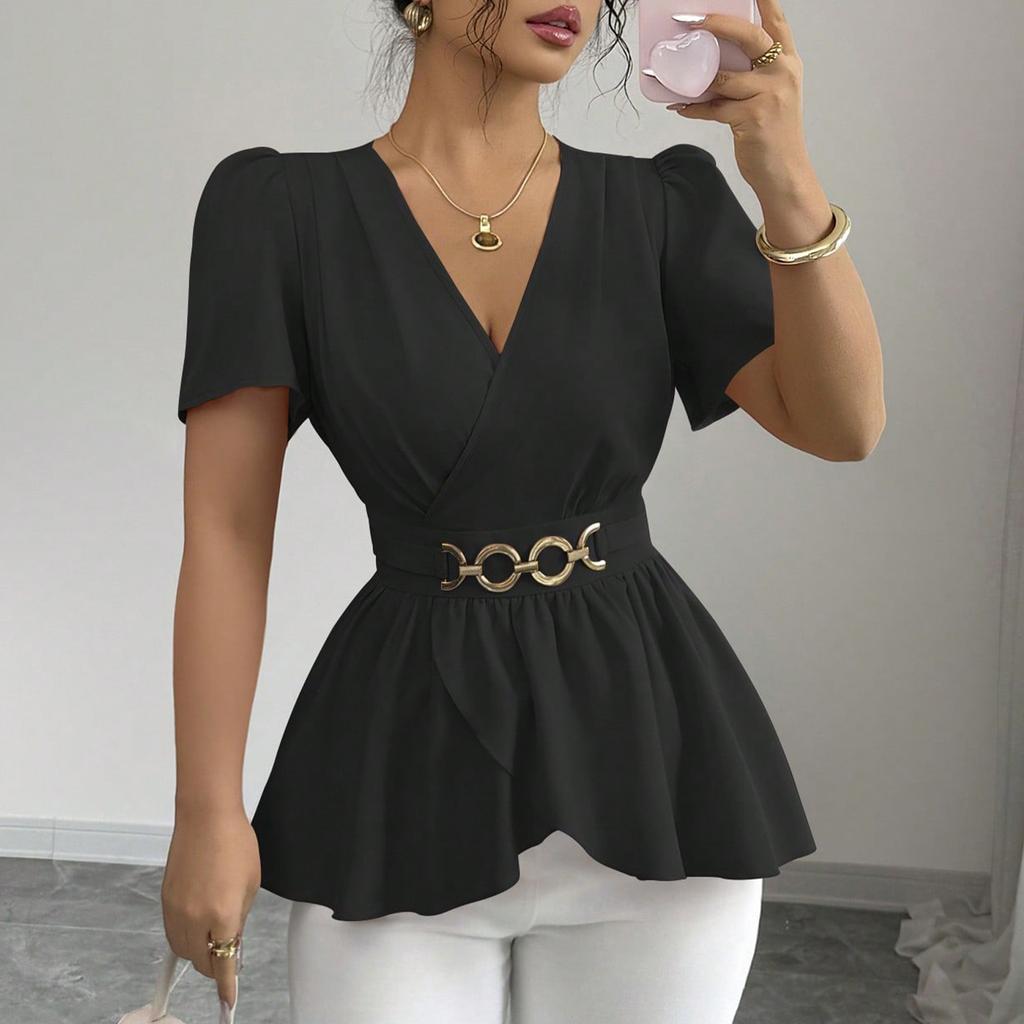 Top Pullover da Donna a Maniche Corte con Scollo a V e Cintura in Vita Vestibilità Larga Blusa Casual Orlo a Peplo Tessuto Morbido Comodo da Indossare