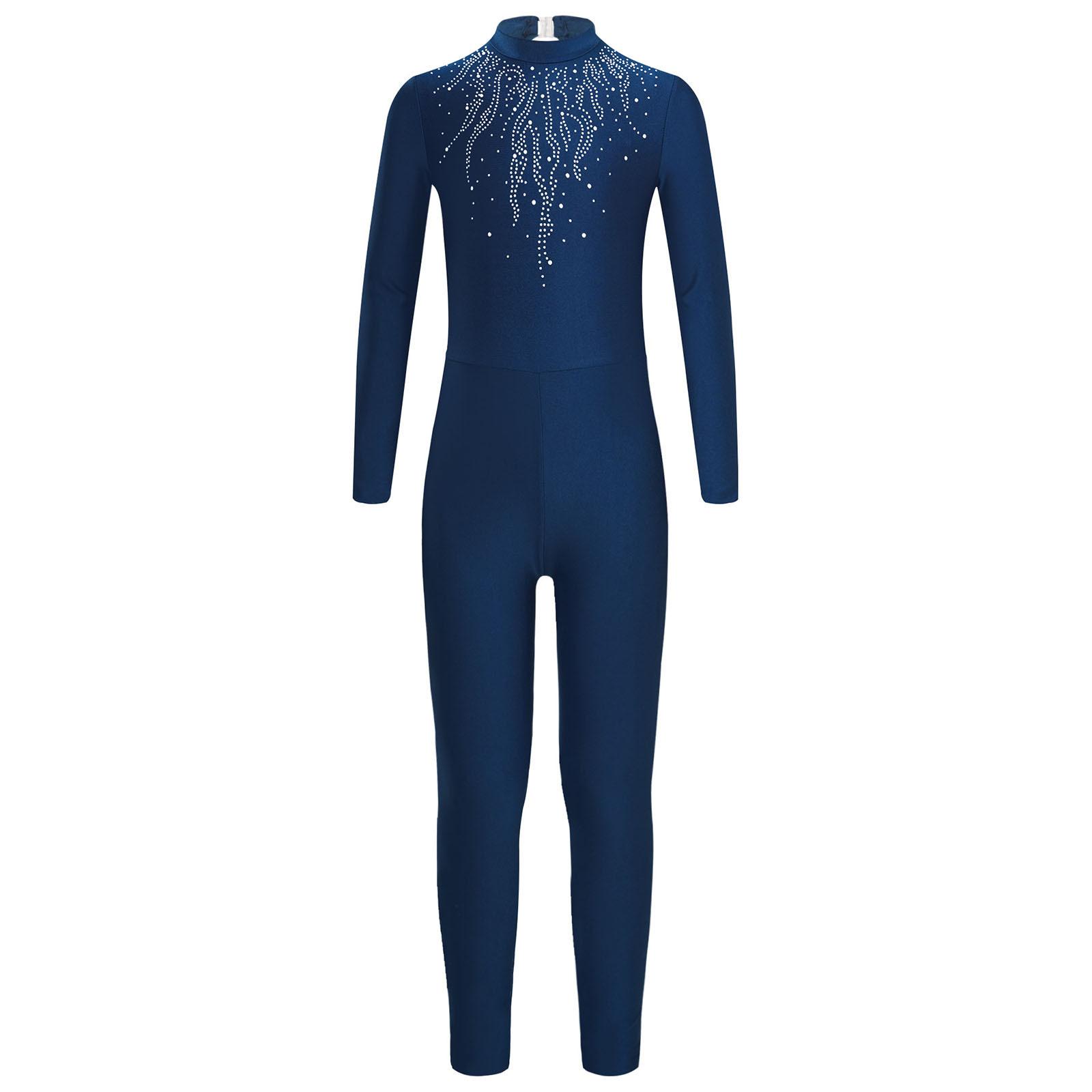 Tuta da danza per bambine, con strass scintillanti, manica lunga, apertura sulla schiena, body per pattinaggio artistico e ginnastica 5-6 Years colore blu navy