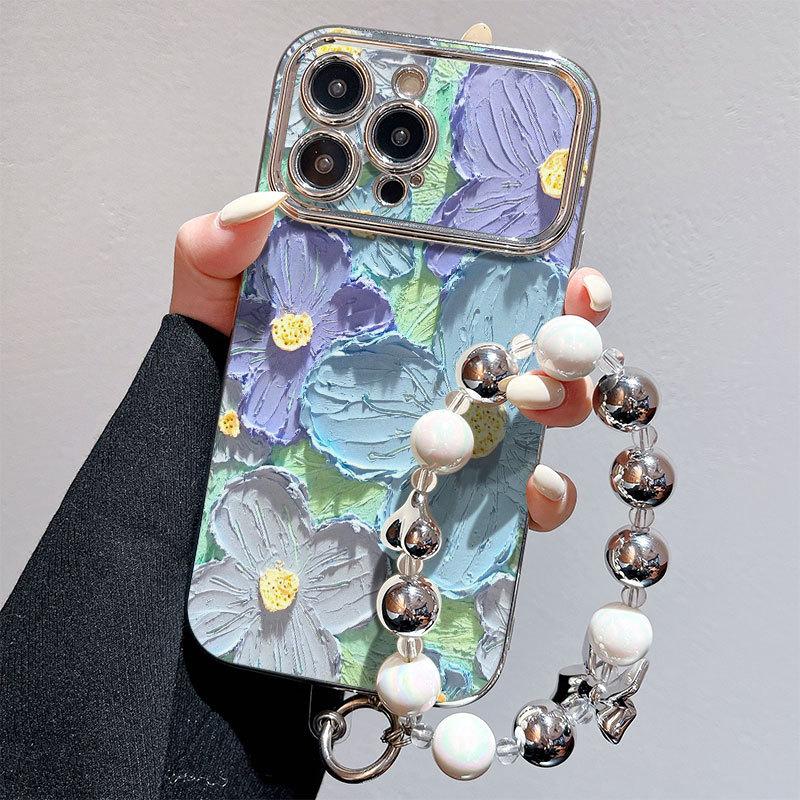 Large Windows Suitable for Apple 12PRO Electroplated Flower Mobile Phone Case IPhone 15XSMAX Protective Case Anti Fall Oil Painting