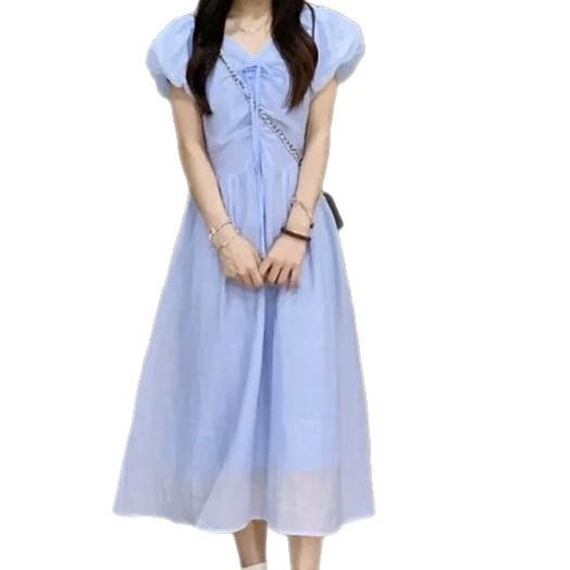 Sasuo's Small French V-neck Bubble Sleeve Dress, New Waist and Thin Milk Blue Super Fairy A-shaped Skirt