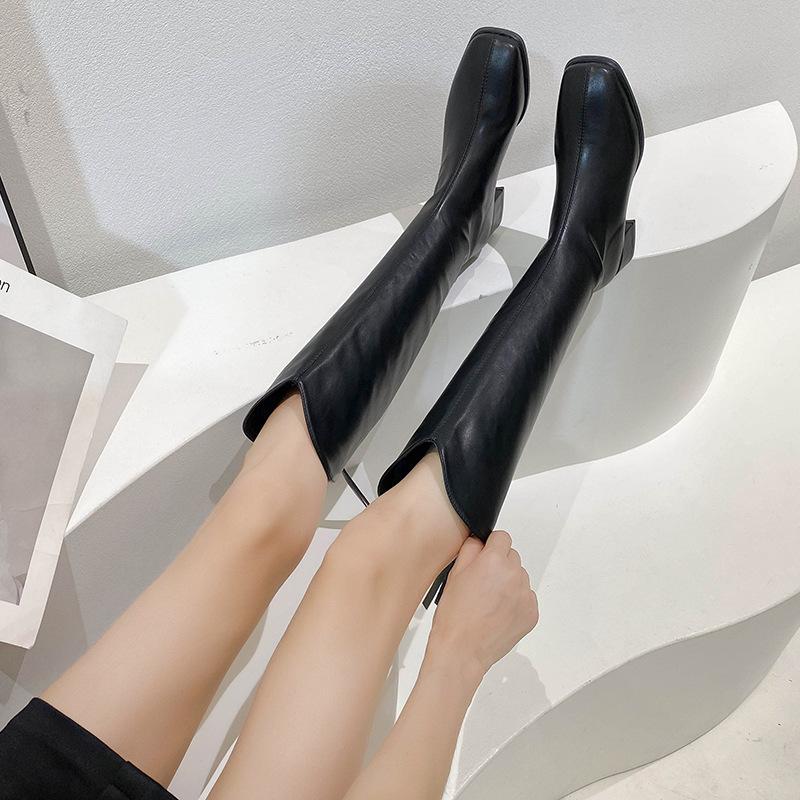 Autumn and winter new Martin boots women's square head mid-heel thick heel short boots versatile rear zipper elastic thin boots