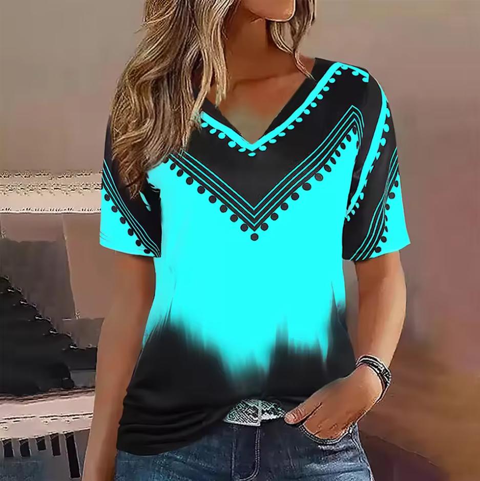 Fashion women's T-shirt striped printing gradient V-neck short-sleeved streetwear summer clothing women's T-shirt