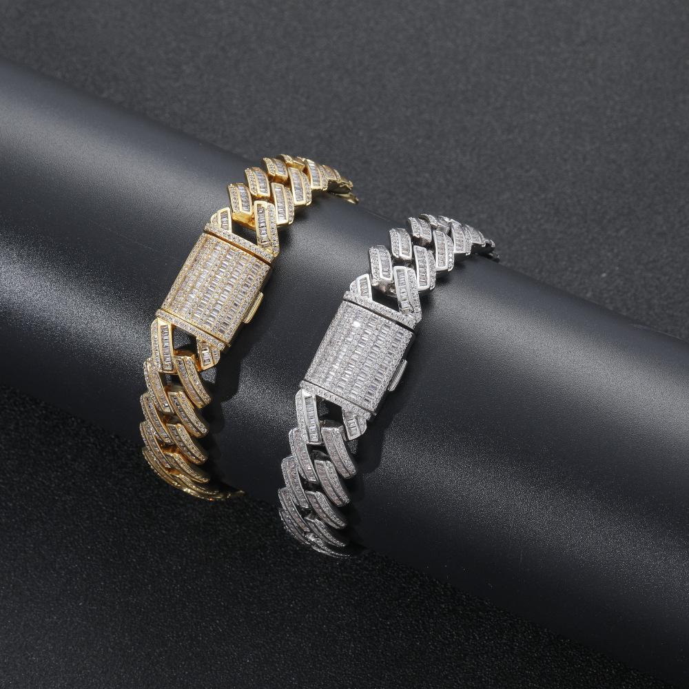 Personalized Hip Hop Rap Jewelry 15mm Bling CZ Iced Out Baguette Miami Cuban Link Chain Bracelet for Men