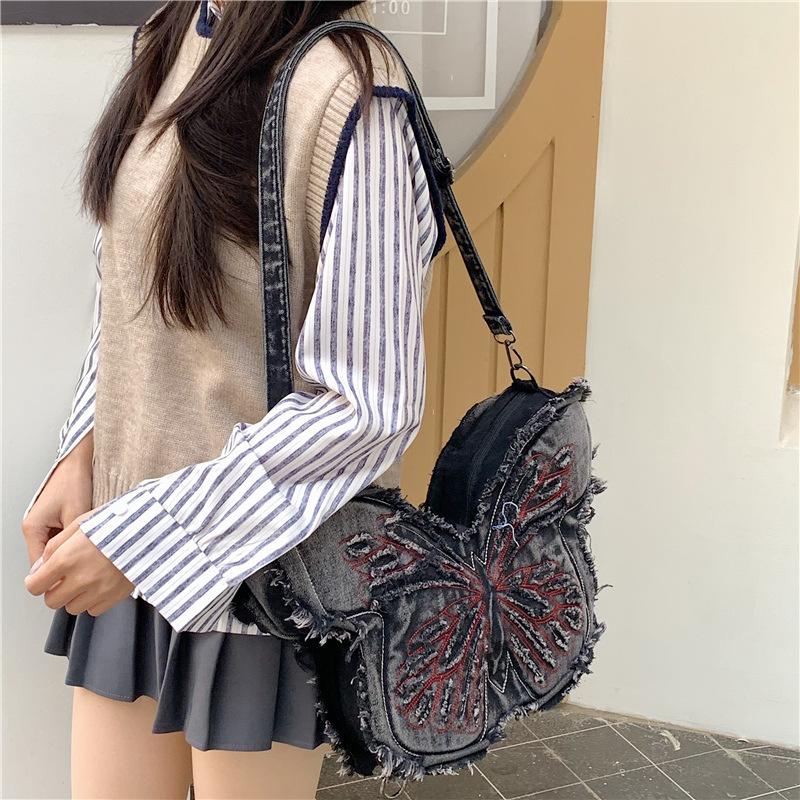 Bestickter Schmetterling Denim Rucksack Damen Schulter Crossbody Tasche