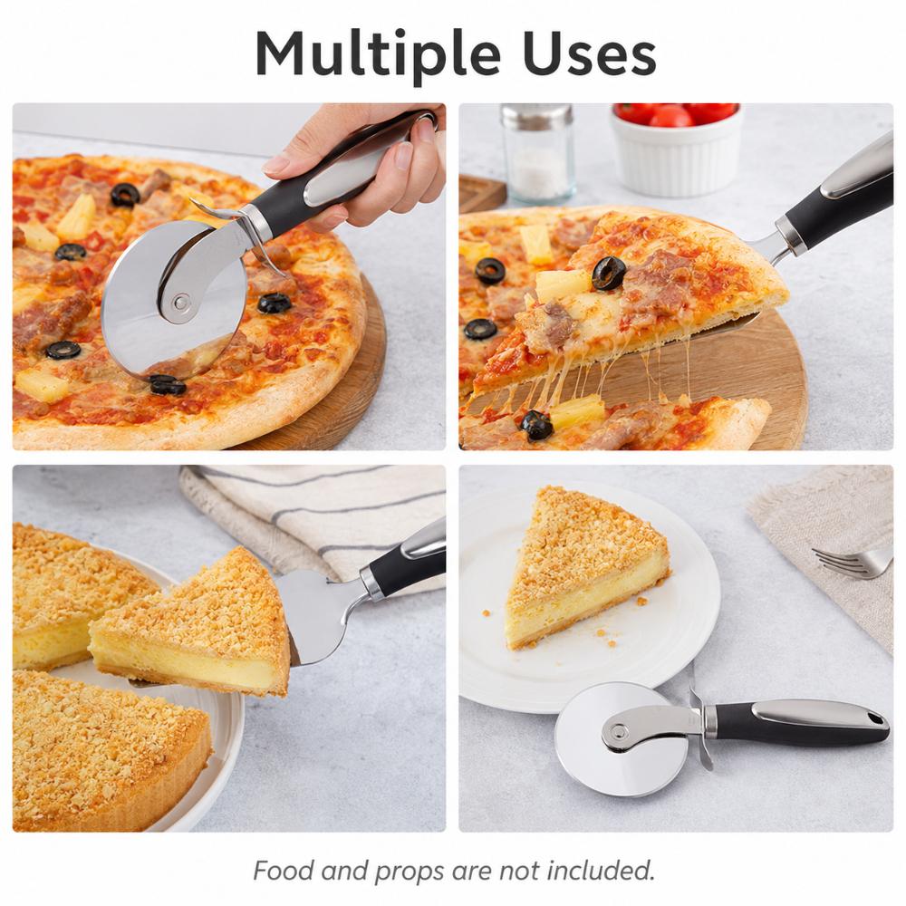 2PCS Pizza Cutter and Pie Server Set Stainless Steel Wheel Slicer Cake Shovel with Finger Guard Ergonomic Handle Kitchen Tool