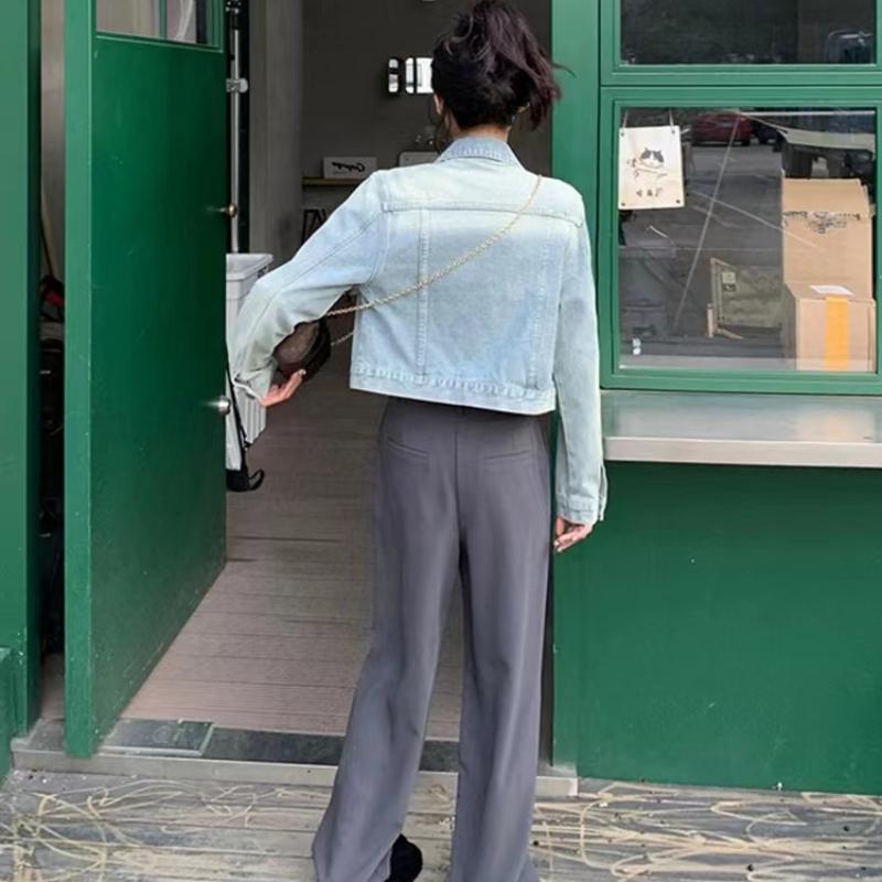 IHUASU Dámská Vintage ležérní denim podzimní a zimní bunda a kabát POLO s dlouhým rukávem