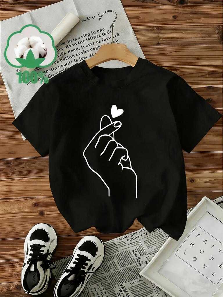 Cotton TShirt Womens Yk Fashion Tshirt Finger with Heart TShirt Graphic Print Short Sleeve Crew Neck Top Shirt Casual