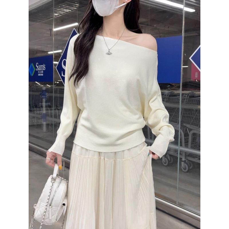 Kumikumi Gentle Temperament Sloping Shoulder Long Sleeve Knit Women Clothes Autumn Slimming All-Match Solid off-Shoulder Top