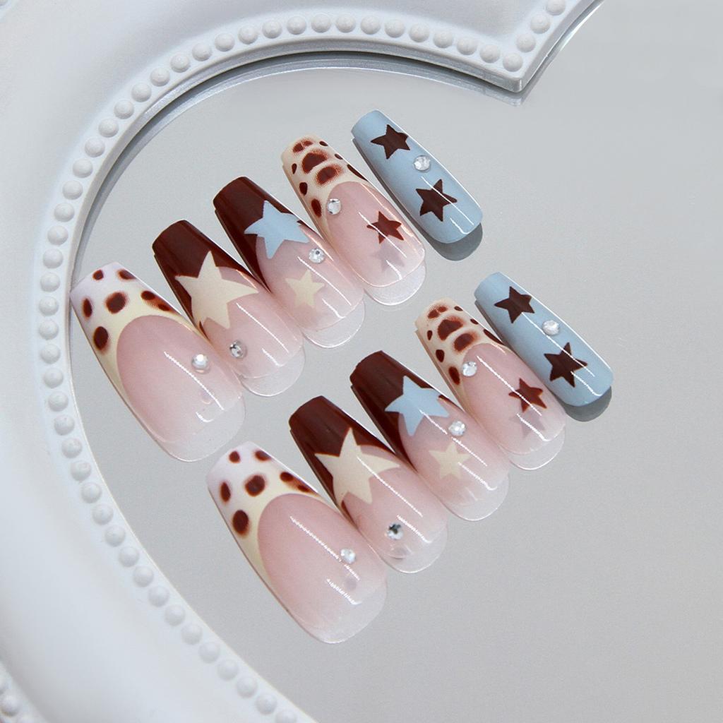 French Style False Nails With Star Decoration 24 Pieces Set For Party And Wedding