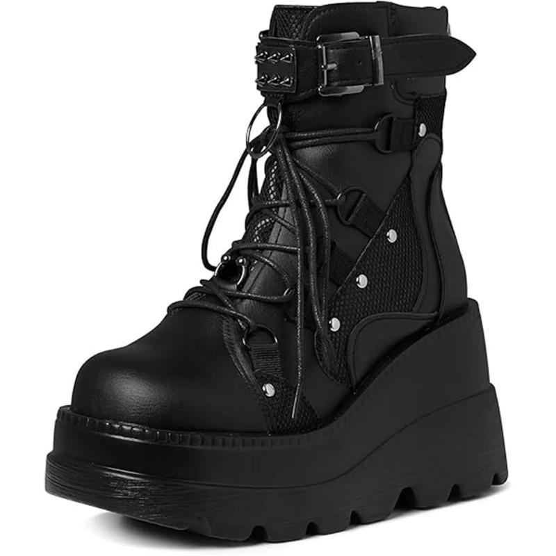 Fashion Women's Goth Cosplay Wedge Combat Ankle Boots Fashion Stylish Punk Buckle Lace-up Zipper Dress Boots Ladies Winter Outdoor Shoes