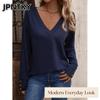 Blusas y Camisas Casuales de Moda para Mujer JPNTKY Estampado de Color Sólido Manga Larga Cuello en V