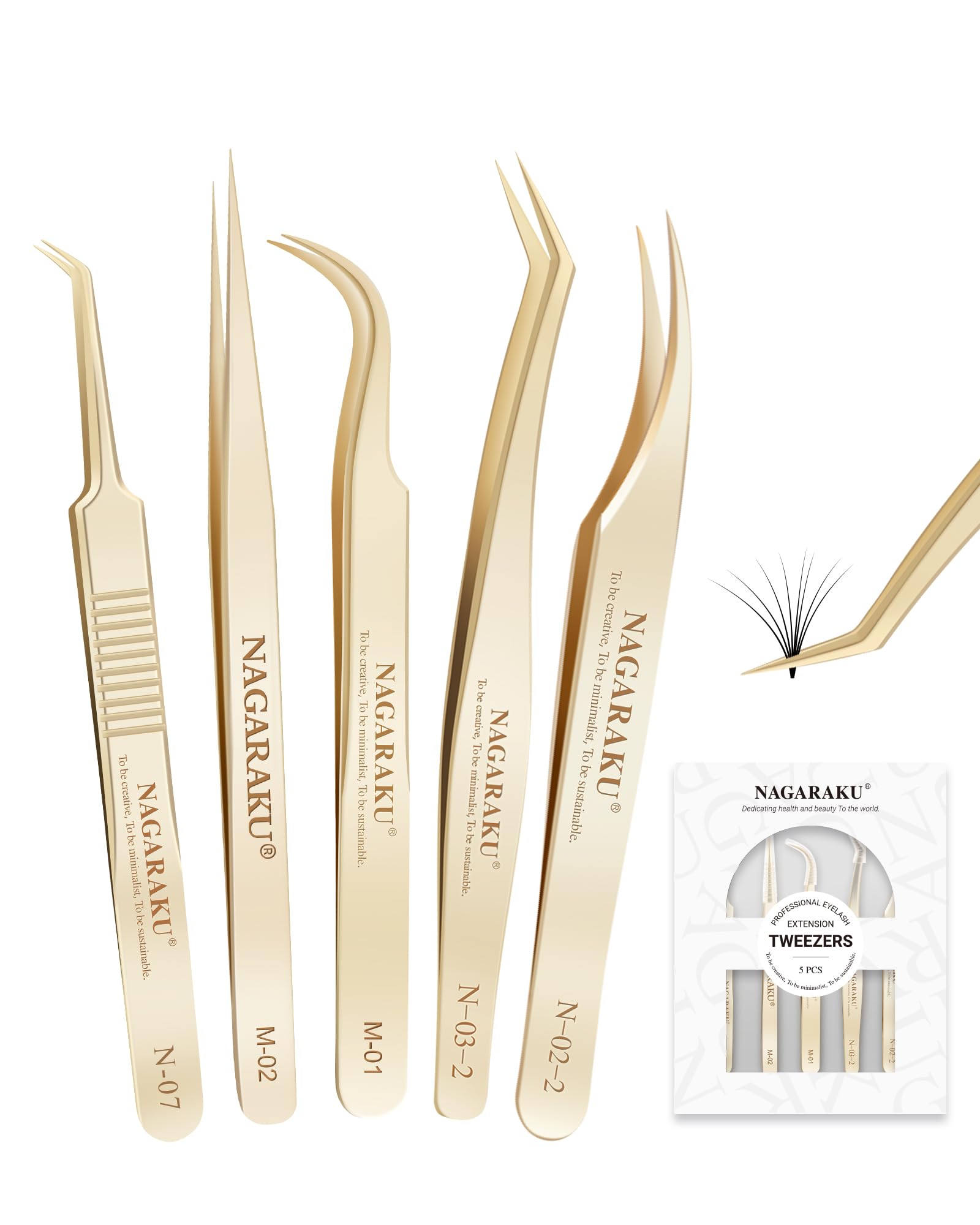 

NAGARAKU Tweezers Set for Straight and Curved Eyelash Extensions - Stainless Steel Tweezers (5-piece box) - Suitable for individual lashes and