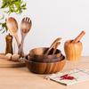 Teak & Acacia 3-Piece Set: Salad Bowl, Hooked Soup Spoon, and Fork - Thick, Anti-Scalding Solid Wood Tableware