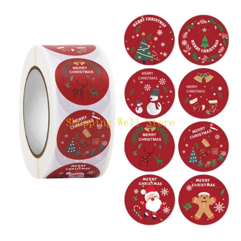 KX4B 500pcs/roll Merry Christmas Stickers Round Adhesive Christmas Theme Seal Labels