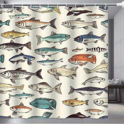 Cartoon-Fisch-Duschvorhang Lebendige Digitale Illustration auf Cremefarbenem Hintergrund, Strapazierfähiger Polyesterstoff Badezimmer-Duschvorhang