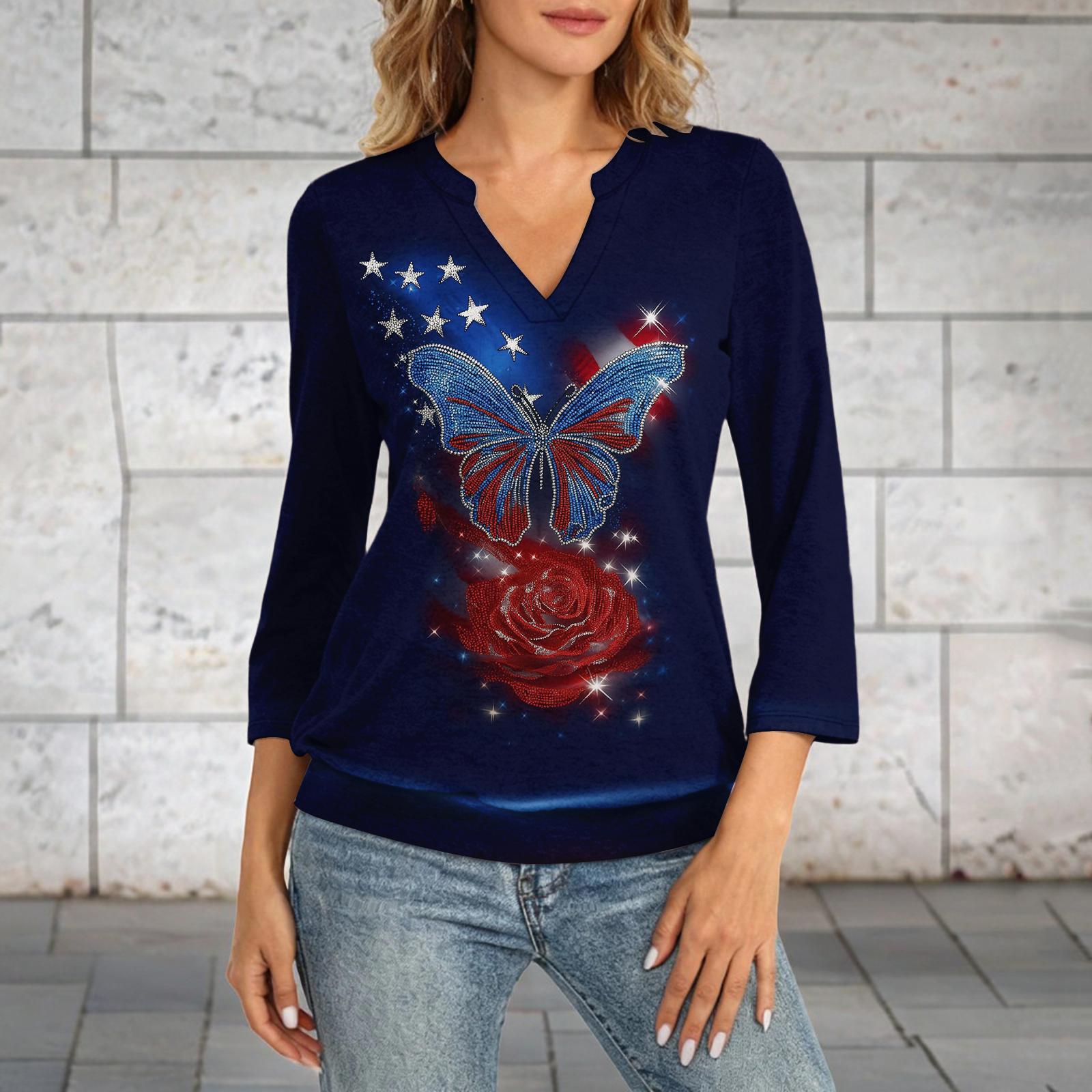 

Women s 3/4 Sleeve Neck Hem V-Neck Summer Casual Base Top Independence Day Printed Top L