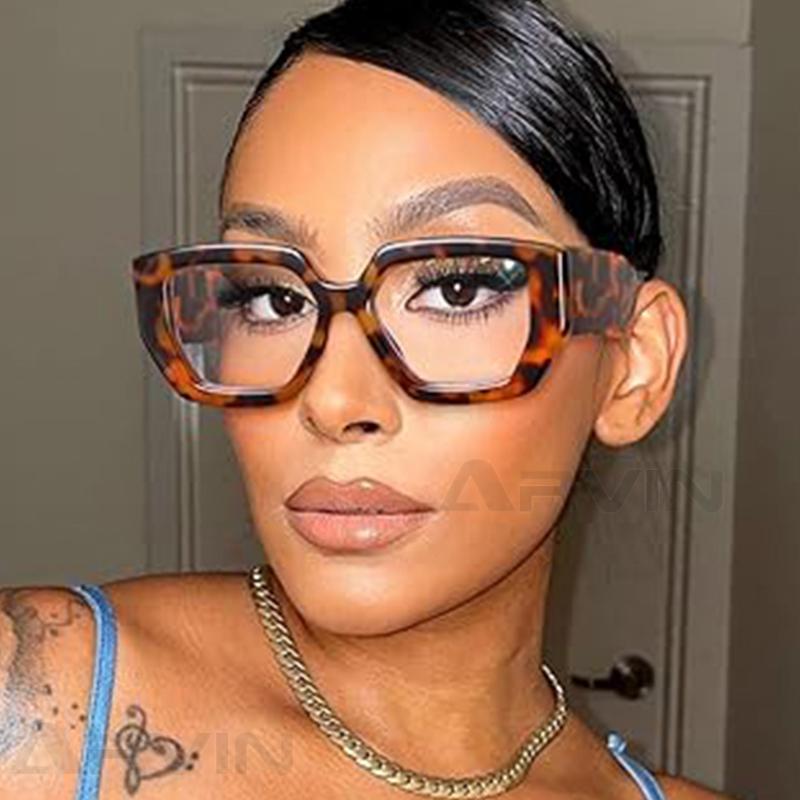 Trendy Thick Frame Oversized Square Glasses Women Men Colorful Wide Legs Eyewear Frame Female Green Optical Transparent Lens