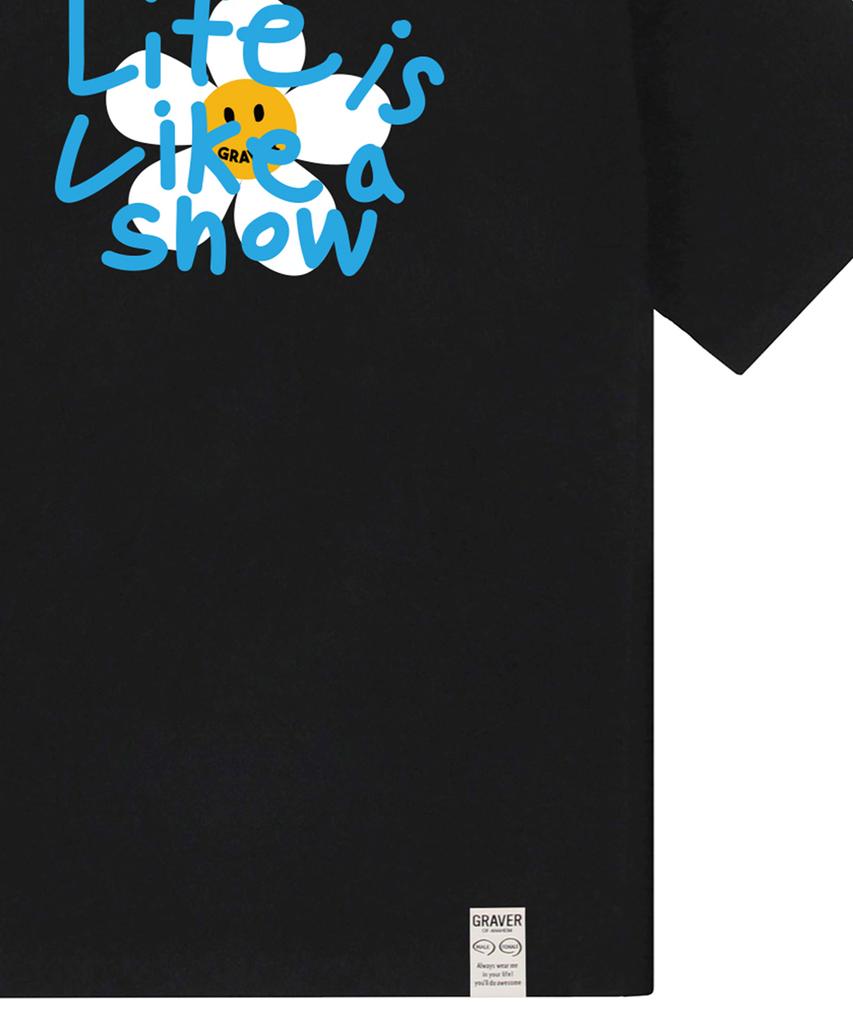 GRAVER [Unisex] Big Drawing Letter Flower Short Sleeve T-Shirt_Black/Blue Logo