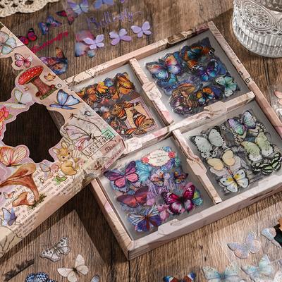 100pcs Large Box Stickers Vintage Butterfly Flowers Plant Decorative Adhesive Diy Scrapbooking Material Junk Journal Supplies