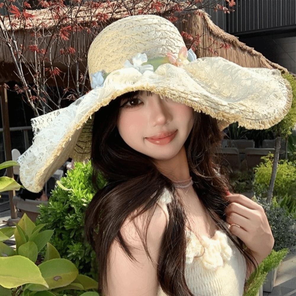 Flower Vacation Beach Cap Breathable Woven Sun Cap Sweet Lafite Straw Hat  Masquerade