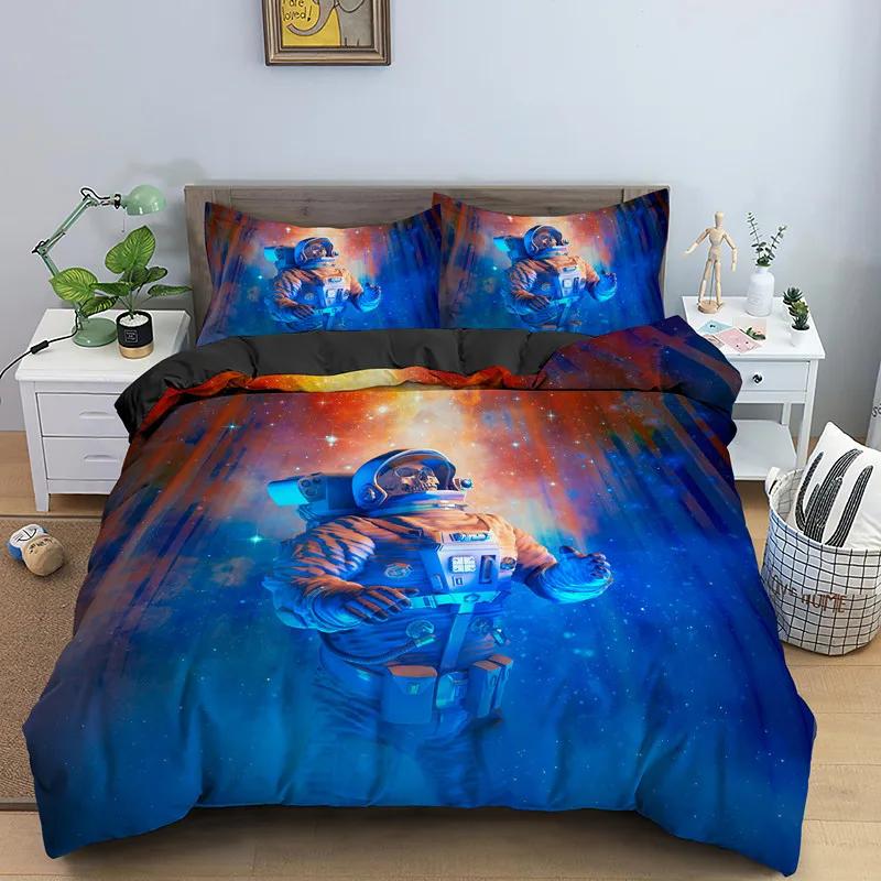 Astronaut King Queen Duvet Cover Space Cycling Bedding Set Cartoon Universe Comforter Cover Galaxy 2/3Pcs Polyester Quilt Cover