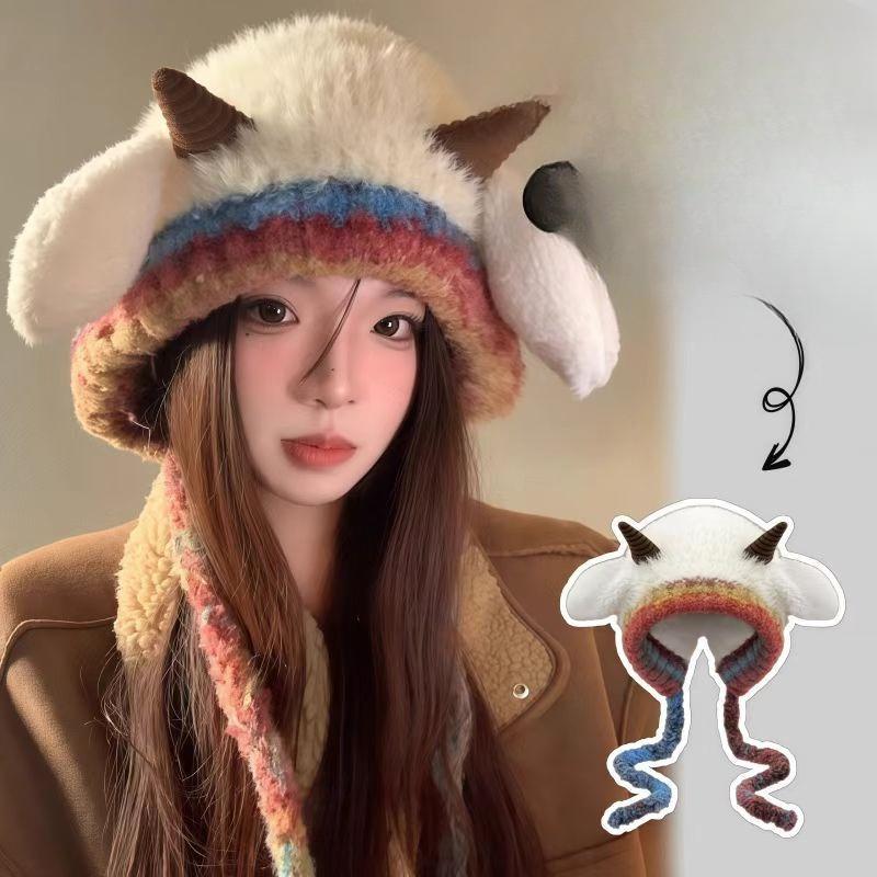 Korean Cute Wool Plush Hat for Women In Autumn and Winter Warm Straps Knitted Ear Protection Hat Outdoor Jacket Hat