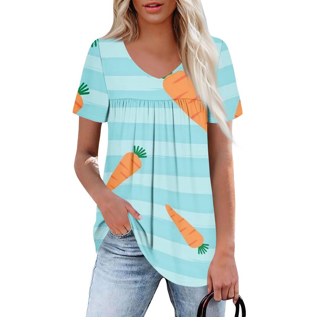 Ladies' Casual V-neck Short Sleeved Shirt With Pleated Easter Print On The Chest