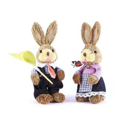 Easter Decorations Set of 2 Straw Bunny Figurine Tabletop Decor Bunny Couple Statue with Carrot Eggs Spring Decor Centerpiece for Home Table Farmhouse