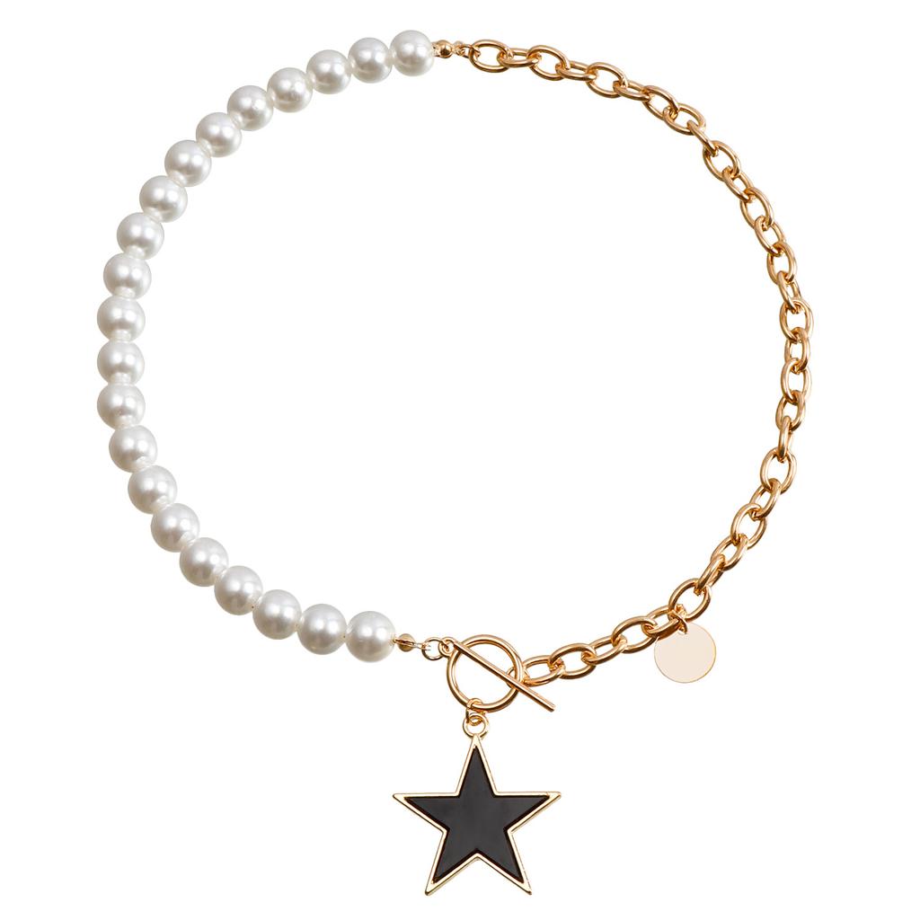 Foreign Trade Jewelry, Fashionable Imitation Pearl Splicing Chain Necklace, White Imitation Fritillary Pentagram Sweater Chain