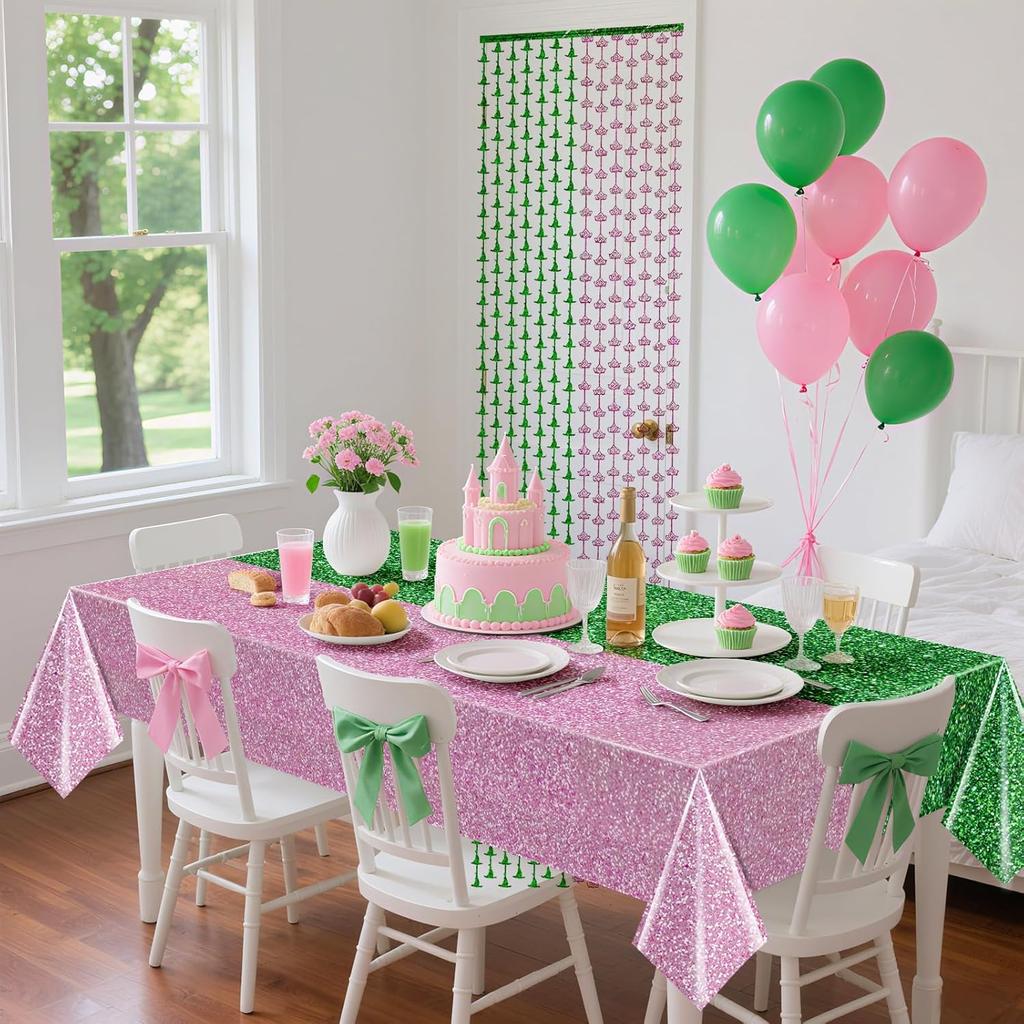 Witch Hat Crown Curtain Magic Bad Witch Theme Party Decoration,3.3 x 6.6ft Tel Foil Curtain Backdrop, Pink and Green Waterproof Tablecloth for