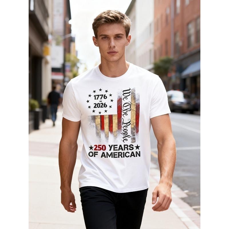 

Европейские размеры Мужские Винтажная футболка American Heritage 1776-2026 - Потертая черная футболка с золотыми звездами и надписью We The People 250 лет S белый