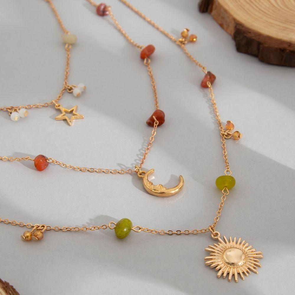 Sun Moon Star Clavicle Chain Women Bead Bowknot Clavicle Necklace Y2K Multilayer Necklace Ladies