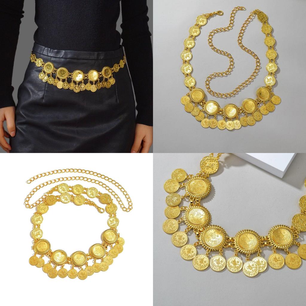 Gold Metal Coin Tassel Waist Chain For Women With Geometric Design Summer Accessory