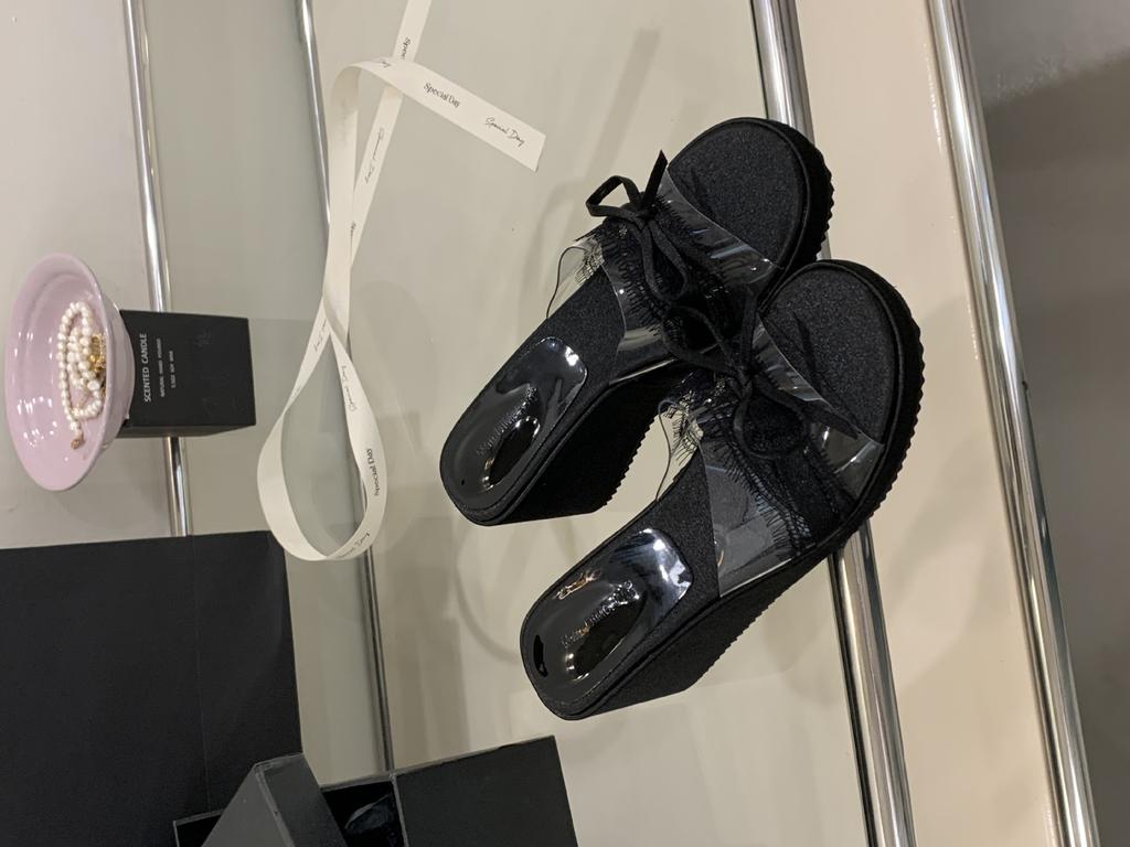 Fairy patent leather slippers slope shoes 2025 new French transparent mesh bow cool round head heel slippers