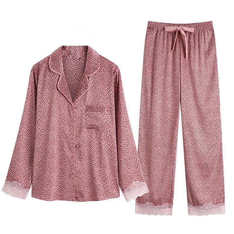 Spring and Autumn new leopard print pajamas women's ice silk thin long-sleeved small lapel Korean version can be worn outside loungewear suit