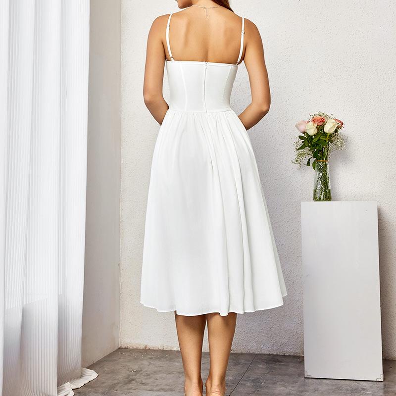 Four-sided elastic dress, European and American sexy backless pleated A word medium and long suspender dress