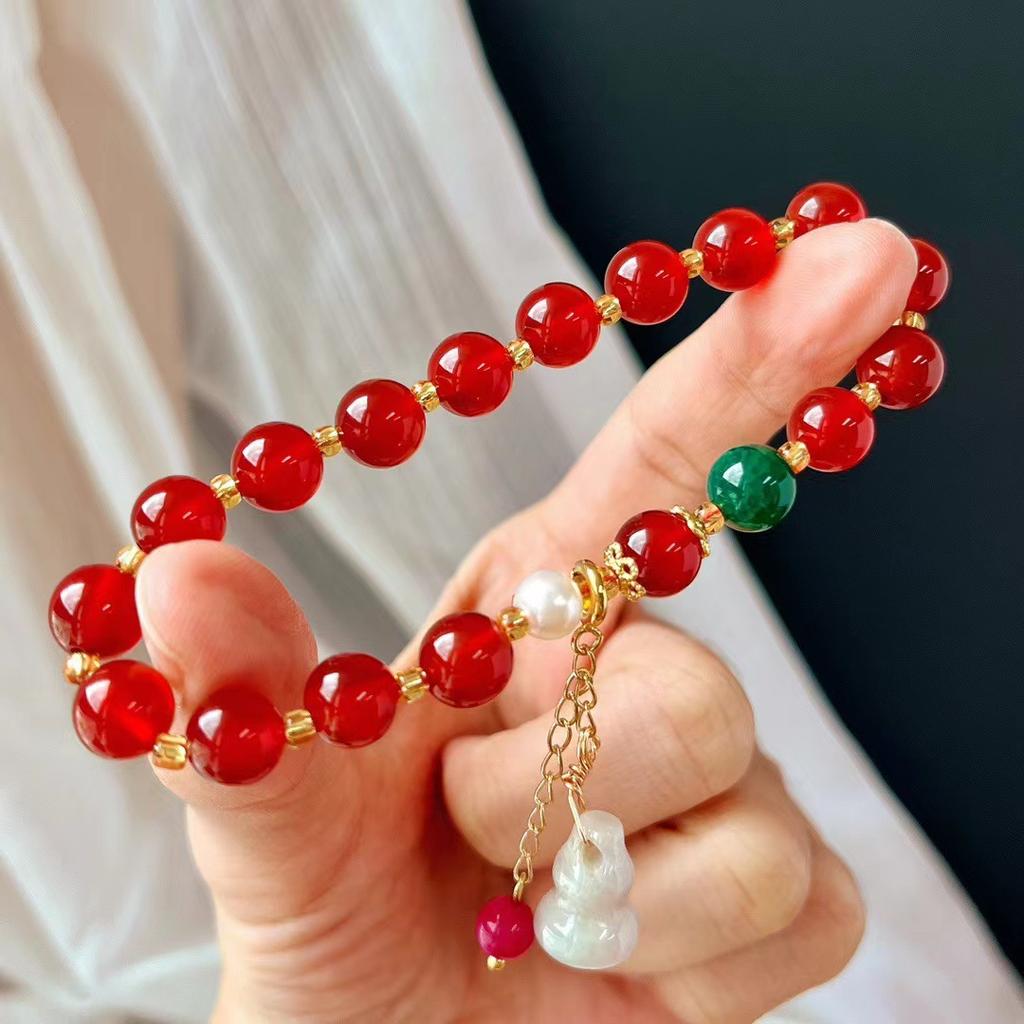 Retro New Year'S Red Natural Agate Chalcedony Single Ring Bracelet Simple Jewelry Gift Bracelet