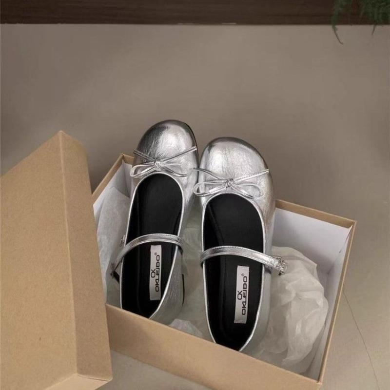 Autumn temperament versatile silver bow with Mary Jane single shoes women's shoes