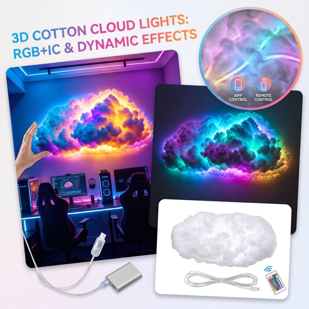 3D Cotton Cloud Ceiling Light with Effect and Remote Control, Room Decor, 2 Sizes Available