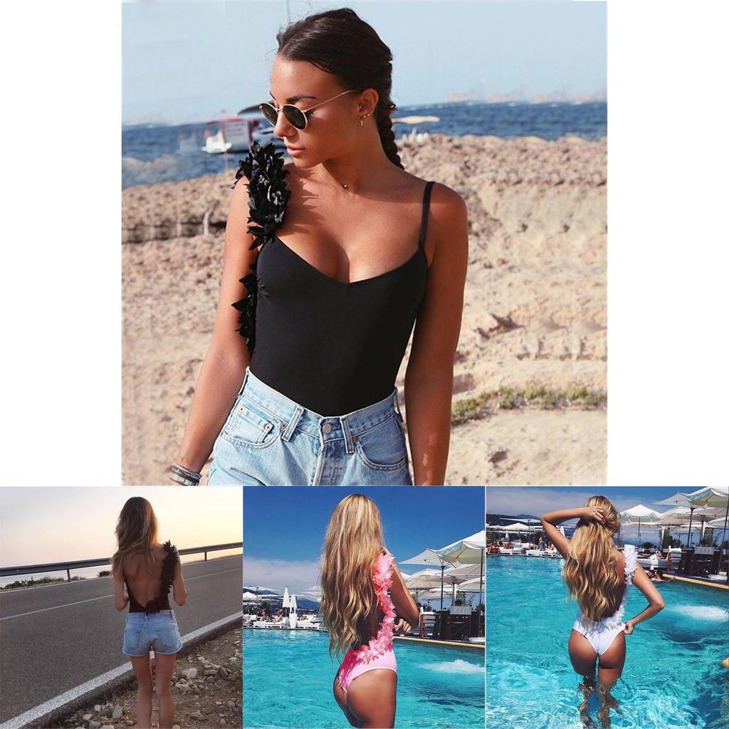 Bikini Bodysuit da Spiaggia Sexy Estivo da Donna con Scollo a V Petali di Rosa Velluto Schiena Scoperta Per Uno Stile Senza Sforzo