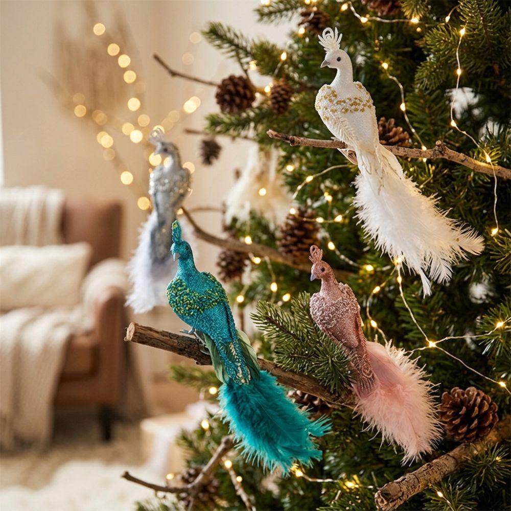 Built-In Clip Christmas Tree Peacock Ornaments Realistic Faux Peacock Tree Hanging Christmas Tree
