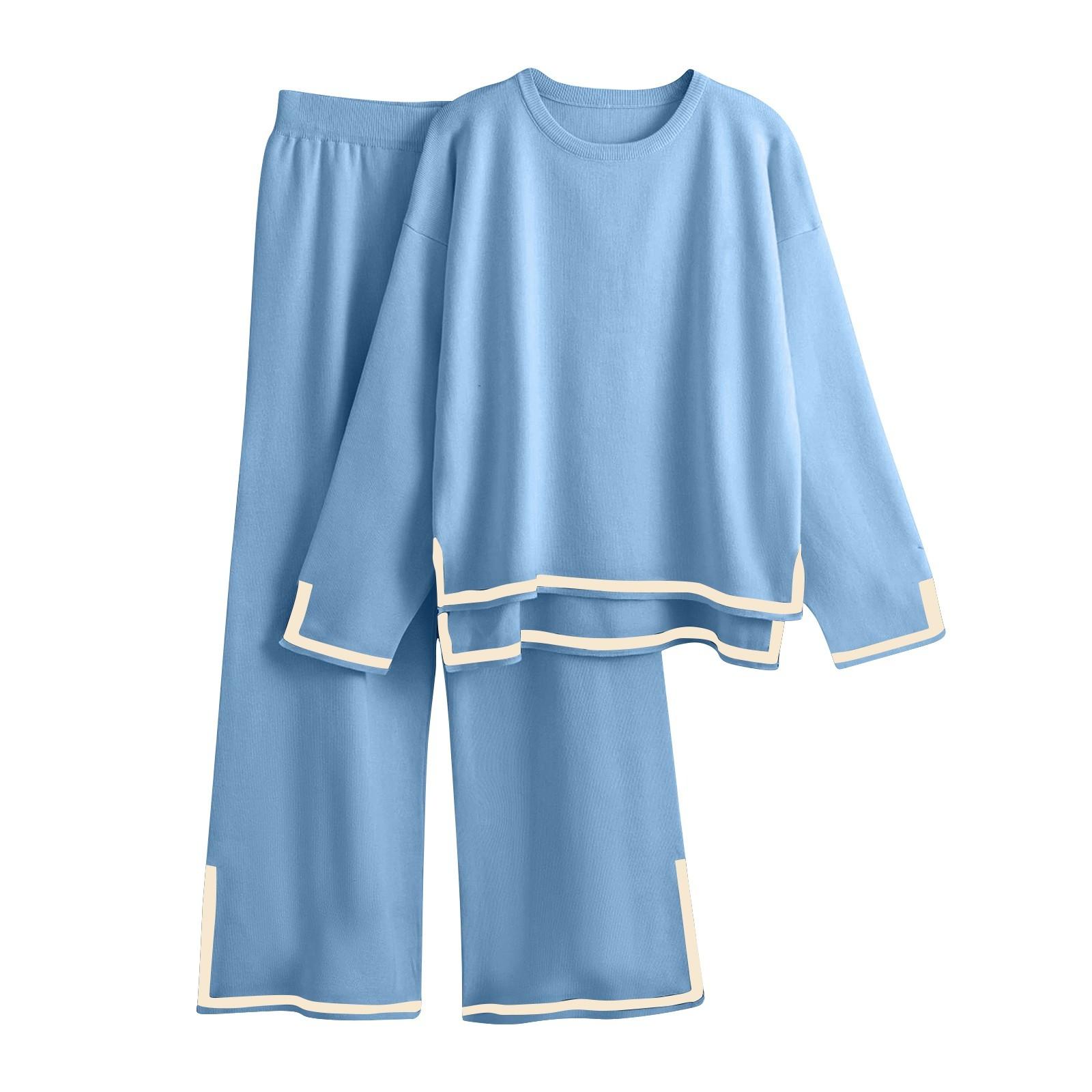 

Женская модная домашняя одежда, вязаный свитер с длинными рукавами и широкими брюками, повседневный комплект S синий